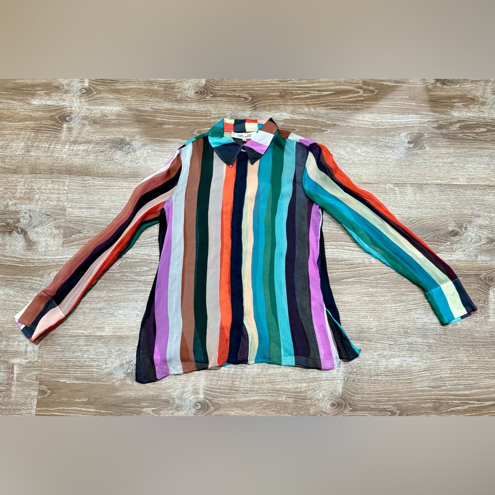 Diane Von Furstenberg Sheer Striped Blouse in Blue